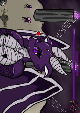 anthro black_outline breasts clothing detailed_background female fishnet_clothing grey_horn group heart_symbol horn membrane_(anatomy) membranous_wings outline pink_tongue purple_body purple_eyes purple_scales scales sideways solo_focus text the_end_(minecraft) tongue tongue_out wings tcg_(artist) microsoft minecraft mojang mythology xbox_game_studios jean_(minecraft) dragon ender_dragon mythological_creature mythological_scalie scalie absurd_res digital_media_(artwork) english_text hi_res purple_theme shaded