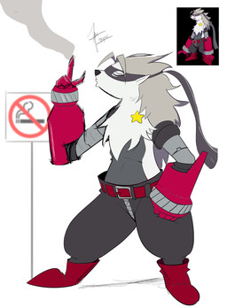 anthro belt blowing bottomwear clothing cybernetic_arm cybernetic_limb cybernetics eyes_closed female footwear fur grey_body grey_fur grey_hair hair machine mask mechanical_arm no_smoking pants shoes sign smoke solo star white_body white_fur zipper windspan bandai_namco digimon digimon_beatbreak cyborg digimon_(species) wolvermon 2025 digital_media_(artwork) hi_res