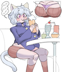 belly belly_expansion beverage big_belly big_butt blazer bloated bottomwear breasts butt button_(fastener) clothing cutaway eating eating_food expansion female food hair huge_belly inside legwear milkshake onomatopoeia overweight overweight_female panties pink_eyes shorts sitting solo sound_effects speech_bubble tail text thigh_highs torn_clothing underwear weight_gain pearkidart hunter_x_hunter neferpitou animal_humanoid cat_humanoid chimera_ant felid felid_humanoid feline feline_humanoid humanoid mammal mammal_humanoid 2026 digital_drawing_(artwork) digital_media_(artwork) english_text hi_res