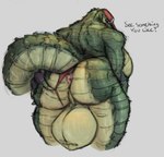 anthro anus balls big_balls big_breasts big_butt breasts butt genitals gynomorph huge_balls huge_butt intersex looking_at_viewer looking_back looking_back_at_viewer presenting raised_tail retracted_balls solo tail tail_anus text slorp_art alligator_lady_(slorp_art) alligator alligatorid crocodilian reptile scalie english_text hi_res