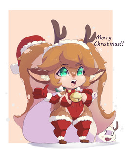accessory anthro bag bell bell_collar big_breasts big_ears border breasts brown_body brown_fur brown_hair christmas_clothing christmas_headwear clothed clothing collar curvy_figure dialogue duo fangs female fur green_eyes hair happy hat headgear headwear holidays horn jingle_bell jingle_bell_collar leotard looking_at_viewer merry_christmas navel_outline open_mouth pink_background red_clothing red_leotard ribbons santa_hat short_stack simple_background smile solo solo_focus surprised talking_to_viewer teeth text thick_thighs white_border white_hair wide_hips amailemon christmas league_of_legends riot_games tencent poppy_(lol) poro_(lol) snow_fawn_poppy_(lol) deer humanoid hybrid mammal new_world_deer poro reindeer yordle hi_res