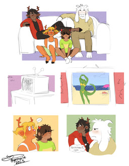 2_horns ambiguous_gender anthro antlers bikini black_hair blonde_hair brown_body buckteeth cathode_ray_tube clothed clothing controller electronics fan_designs female fur furniture group hair holding_controller holding_object holding_remote_control horn inside male on_sofa red_nose remote_control sitting sitting_on_ground sitting_on_sofa sofa sound_effects speech_bubble swimwear teeth television text thought_bubble topwear two-piece_swimsuit watching_television white_body white_fur yellow_bikini yellow_clothing yellow_swimwear gen2todile deltarune undertale undertale_(series) asriel_dreemurr dess_holiday kris_dreemurr noelle_holiday alligator alligatorid boss_monster_(undertale) bovid caprine crocodilian deer goat human mammal new_world_deer reindeer reptile scalie 2025 english_text hi_res