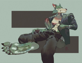 abs anthro big_feet bottomwear claws clenched_teeth clothed clothing clothing_pull feet foot_fetish foot_focus fur genitals glistening glistening_body grey_body grey_fur humanoid_feet humanoid_genitalia humanoid_penis jacket looking_at_viewer male muscular muscular_male nipples pants paws penis plantigrade simple_background sitting smile smirk soles solo teeth toes topwear vein veiny_penis xdarkspace beastars legoshi_(beastars) canid canine canis mammal wolf digital_media_(artwork) hi_res