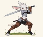 4_fingers action_pose anthro armor arms_bent athletic belt belt_buckle bent_leg buckle cheek_tuft elbow_pads exposed_belly exposed_feet extended_leg facial_tuft female fighting_pose fingers frown grass hand_wraps head_tuft holding_object holding_weapon knee_pads leather leather_armor logo long_ears melee_weapon navel plant plate_armor pose purple_eyes scabbard scowl scut_tail serious serious_face short_tail shoulder_guards simple_background solo spread_legs spreading standing sword tail text three-quarter_view tuft weapon weapon_sheath white_body wraps pineblush lagomorph mammal artist_logo artist_name