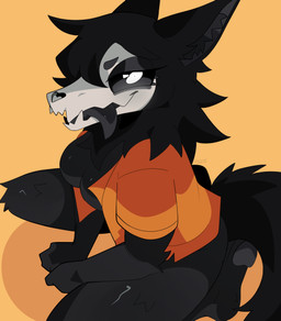 anthro biped black_body black_ears black_fur black_hair black_inner_ear black_inner_ear_fluff black_sclera black_tail black_tongue bone bottomless bottomless_anthro bottomless_female breasts clothed clothing eyelashes featureless_breasts female female_anthro fur hair high-angle_view humanoid_hands inner_ear_fluff long_hair looking_at_viewer medium_breasts monotone_body monotone_fur monotone_hair monotone_tail open_clothing open_shirt open_topwear orange_clothing orange_shirt orange_topwear shirt side_view simple_background sitting skull skull_head smile snout solo tail tongue tongue_out topwear tuft white_eyes yellow_background valkenite scp_foundation scp-1471-a canid canine malo mammal 2026 cel_shading colored digital_media_(artwork) full-length_portrait hi_res portrait shaded signature