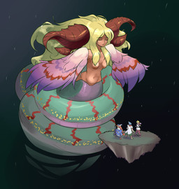 apode blonde_hair breasts brown_horn eyes_closed feathers featureless_breasts female green_body green_scales hair horn legless long_hair macro navel pink_body pink_feathers scales serpentine solo split_form tan_body tan_skin wide_hips winged_arms wings anew breath_of_fire capcom momo_(breath_of_fire) myria_(breath_of_fire) nina_(breath_of_fire) ryu_(breath_of_fire) draconcopode horned_humanoid humanoid hybrid lamia mammal reptile scalie snake hi_res
