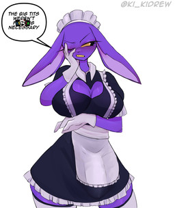 anthro breasts bulge caine_censorship censor_bar censored_text clothing detailed_bulge genital_outline gloves grawlixes gynomorph handwear intersex maid_headdress maid_uniform penis_outline solo speech_bubble text uniform white_clothing white_gloves white_handwear yellow_sclera ki_kidrew glitch_productions the_amazing_digital_circus jax_(tadc) lagomorph leporid mammal rabbit absurd_res english_text hi_res