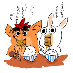 ambiguous_anthro ambiguous_gender anthro black_eyebrows black_eyes black_nose bowl brown_clothing brown_fingerless_gloves brown_gloves brown_handwear chopsticks clothing container double_chin duo eyebrows fingerless_gloves food food_in_mouth fur furniture gloves gloves_only hair handwear handwear_only holding_chopsticks holding_object male male_anthro maple_syrup mitten_hands mostly_nude mostly_nude_anthro mostly_nude_male multicolored_body multicolored_fur no_eyebrows no_pupils noseless nude_ambiguous nude_anthro orange_body orange_fur pancake pancake_in_mouth puffed_cheeks red_hair rice short_hair simple_background table tan_body tan_fur tan_inner_ear tan_skin text thick_eyebrows two_tone_body two_tone_fur white_background white_body white_fur wide_eyed osirisky activision crash_bandicoot_(series) raving_rabbids rayman_(series) ubisoft crash_bandicoot bandicoot lagomorph mammal marsupial rabbid 1:1 2022 colored crossover digital_drawing_(artwork) digital_media_(artwork) japanese_description japanese_text shaded translation_request
