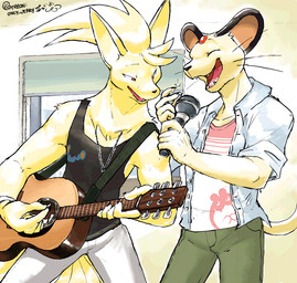 acoustic_guitar anthro anthrofied big_ears chain_necklace clothed clothing collared_shirt dress_shirt duo electronics eyes_closed fully_clothed fur gem guitar guitar_pick holding_microphone holding_object inside jewelry male microphone musical_instrument necklace open_mouth playing_guitar playing_music plucked_string_instrument red_gem shirt singing snapping_fingers standing straps string_instrument tan_body tan_fur tank_top tongue topwear window dahecksajerry nintendo pokemon cash_(dahecksajerry) jarrod_(dahecksajerry) aquatic generation_1_pokemon generation_4_pokemon luxray mammal ninetales persian_(pokemon) pinniped pokemon_(species) seal