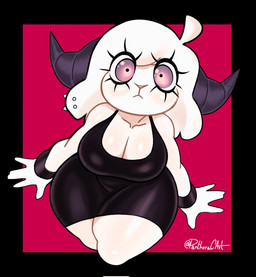 anthro big_breasts black_border black_clothing black_dress border bracelet breasts cleavage clothed clothing dress eyelashes female fur hair horn jewelry long_eyelashes looking_at_viewer piercing pink_background simple_background solo thick_thighs white_body white_fur white_hair panthera_cantus romina_(panthera_cantus) bovid caprine goat mammal hi_res