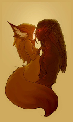 breasts brown_body brown_fur brown_hair brown_tail dark_body dark_skin dreadlocks duo female fur glowing glowing_eyes hair hug hugging_another male muscular nude red_eyes romantic romantic_couple simple_background tail tan_background klar sarah_jaffe miette telos eurasian_red_squirrel humanoid mammal rodent sciurid tree_squirrel 3:5 hi_res