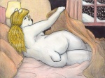 anthro bed biped black_nose blonde_hair butt casual_nudity detailed_background eyewear eyewear_only female furniture glasses glasses_only hair long_hair looking_at_viewer looking_back lying mature_anthro mature_female nude smile solo wearing_glasses white_hair window paul_lucas paloma bear mammal polar_bear ursine traditional_media_(artwork)