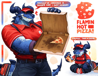 2_horns accessory anthro bag belt blue_body blue_scales blush bottomwear box clothing container curved_horn delivery_(commerce) delivery_employee dialogue eating eating_food facial_spikes food food_delivery footwear furgonomics furry_specific_accessory hat headgear headwear horn jaw_spikes logo_on_clothing logo_on_shirt male neck_spikes pants pizza pizza_box pizza_delivery profanity red_clothing red_hat red_headwear red_shirt red_topwear scales shirt shoes sitting smile smiling_at_viewer solo sparkles speech_bubble spiked_tail spikes spikes_(anatomy) tail tail_accessory tail_bag text tight_clothing tight_shirt tight_topwear topwear uniform yellow_eyes fungiteh mythology dragon mythological_creature mythological_scalie scalie wingless_dragon absurd_res digital_media_(artwork) english_text hi_res