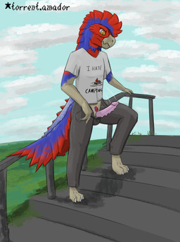 anthro barefoot bottomwear claws clothing colored_pubic_hair denim denim_bottomwear denim_clothing feet genitals grass handrail jeans male multicolored_body outside pants penis plant pubes public railing shirt sky solo stairs t-shirt tail topwear upset wardrobe_malfunction white_claws white_sclera yellow_eyes torrent_amador_(artist) capcom monster_hunter brute_wyvern quematrice absurd_res hi_res