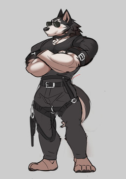 anthro belt black_belt black_body black_eyewear black_fur black_sunglasses blush clothing crossed_arms eyewear fur gun male muscular muscular_anthro muscular_male pecs police police_officer police_uniform ranged_weapon solo sunglasses uniform weapon white_body white_fur unknown_artist canid canine mammal guide_lines hi_res sketch