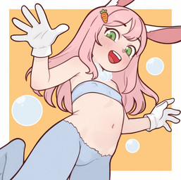 animal_legs belly blue_body blue_fur blush breasts bubble carrot clothing female flat_chested food fur gloves green_eyes hair handwear navel nipple_outline pink_hair plant rabbit_ears simple_background small_breasts smile vegetable white_body white_fur young young_female casytay usawa_fuwakaru animal_humanoid humanoid lagomorph lagomorph_humanoid leporid leporid_humanoid mammal mammal_humanoid rabbit_humanoid digital_media_(artwork) hi_res