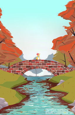 anthro autumn brick brick_wall landscape male plant rock solo tree wall_(structure) water vansifoxarts absurd_res digital_media_(artwork) flat_colors hi_res