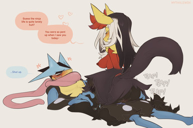annoyed anthro anthro_on_anthro anthro_penetrated anthro_penetrating anthro_penetrating_anthro big_butt black_body black_fur blush breasts butt cowgirl_position dialogue duo female female_penetrated from_front_position fur fur_skirt hair interspecies long_tongue male male/female male_penetrating male_penetrating_female nipples on_bottom on_top penetration plap pseudo_clothing pseudo_scarf red_nipples sex side_boob speech_bubble teasing text tongue tongue_scarf vaginal vaginal_penetration white_hair mythiilewdii nintendo pokemon pokemon_legends_z-a amphibian canid generation_9_pokemon mammal mega_delphox mega_evolution mega_greninja pokemon_(species) english_text