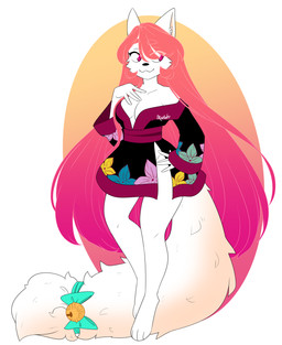 :3 accessory anthro asian_clothing bell bell_accessory bell_bow black_nose bow_(feature) bow_accessory bow_ribbon breasts cleavage clothed clothing decorated_bow east_asian_clothing female fluffy fluffy_tail fur furgonomics hair japanese_clothing kimono long_hair long_tail pink_eyes pink_hair pose ribbons solo standing tail tail_accessory tail_bell tail_bow tail_ribbon white_body white_fur akaunkel artemis_tsukino domestic_cat felid feline felis mammal digital_media_(artwork) hi_res