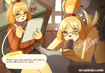 ambiguous_penetration anthro anthro_penetrated bodily_fluids breasts clothing cum cum_in_mouth cum_inside dialogue eyewear fellatio female female_anthro female_on_human female_penetrated floppy_ears fur genital_fluids glasses group group_sex human_on_anthro human_penetrating human_penetrating_anthro interspecies long_ears male male/female male_penetrating male_penetrating_female office oral penetration penile sex sitting spitroast sweater tail tail_motion tailwag text threesome topwear trio wearing_glasses yellow_body yellow_fur miloxotl animal_crossing nintendo isabelle_(animal_crossing) canid canine canis domestic_dog human mammal shih_tzu toy_dog english_text hi_res