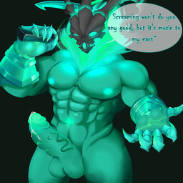 armor athletic balls bedroom_eyes bodily_fluids bone clothing dialogue front_view gauntlets genital_fluids genitals gloves green_body green_eyes green_nipples half-closed_eyes handwear looking_at_viewer male manly muscular narrowed_eyes nipples not_furry penis precum seductive simple_background skull solo talking_to_viewer text knight_owl league_of_legends riot_games tencent thresh ghost humanoid spirit undead 1:1 2018 colored digital_media_(artwork) english_text hi_res