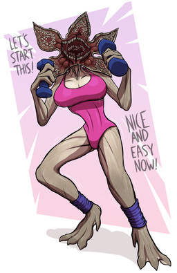 4_toes bodily_fluids breasts clothed clothing exercise feet female flower_mouth multi_jaw nightmare_fuel saliva shadow simple_background skinny solo text toes keadanger netflix stranger_things alien demogorgon monster 2019 absurd_res hi_res