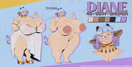 2_horns areola big_breasts breasts clothed clothing ear_piercing eyewear feet female footwear glasses hair high_heels horn huge_breasts huge_thighs jewelry multicolored_hair navel necklace nipples nude piercing pince-nez pronouns ring shoes short_hair solo standing tail text thick_thighs translucent translucent_clothing peculiart diane_(arachibi) animal_humanoid bovid bovid_humanoid bovine bovine_humanoid cattle cattle_humanoid humanoid mammal mammal_humanoid 2024 absurd_res english_text hi_res model_sheet