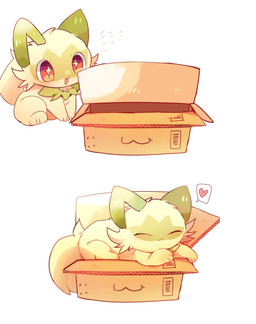:3 ambiguous_gender blush blush_lines box cheek_tuft container cute_fangs eyes_closed facial_tuft fangs feral fur green_body green_fur heart_symbol in_box in_container lying nude open_mouth red_eyes simple_background sitting solo star_pupils tail teeth tuft white_background yupo_0322 nintendo pokemon generation_9_pokemon pokemon_(species) sprigatito colored colored_sketch digital_drawing_(artwork) digital_media_(artwork) hi_res shaded sketch