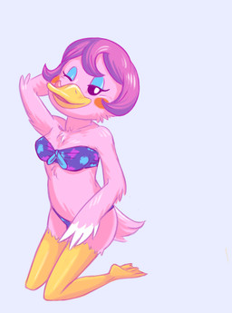 3_toes anthro anthrofied avian_feet beady_eyes beak beak_lick bikini biped black_eyes breasts chest_tuft cleavage clothed clothing eyelashes eyeshadow feather_tuft feathered_wings feathers feet female front_view gloves_(marking) grey_background hair kneeling licking licking_lips licking_own_beak licking_own_lips looking_away makeup markings medium_breasts membrane_(anatomy) midriff multicolored_body multicolored_feathers non-mammal_breasts one_eye_closed open_beak open_mouth open_smile pink_body pink_feathers pink_wings pose purple_hair self_lick short_hair simple_background skimpy smile solo swimwear toes tongue tongue_out tuft two-piece_swimsuit two_tone_body two_tone_feathers two_tone_wings webbed_feet white_body white_feathers white_wings winged_arms wings wink yellow_beak reality_undoer animal_crossing nintendo miranda_(animal_crossing) anatid anseriform avian bird duck 2015 digital_drawing_(artwork) digital_media_(artwork) full-length_portrait pinup portrait