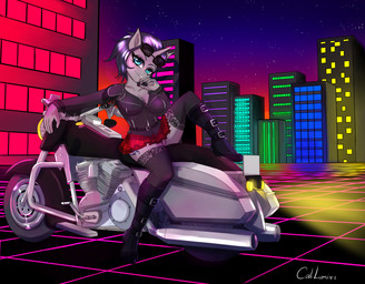 anthro boots bottomwear breasts city clothing eyewear eyewear_on_head female footwear horn jacket leather leather_clothing leather_jacket leather_topwear legwear motorcycle retro shoes skirt solo sunglasses sunglasses_on_head synthwave thigh_highs topwear vehicle caliluminos mythology iron_rose equid equine horse mammal mythological_creature mythological_equine pony unicorn absurd_res hi_res