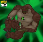 2009 4_fingers abstract_background alien anthro ben_10 bodily_fluids brown_body cartoon_network claws fingers front_view genital_fluids genitals glowing glowing_eyes green_background green_eyes hand_on_knee hand_on_leg humungousaur looking_at_viewer male masturbation nude penile penile_masturbation penis precum scalie simple_background smile solo vaxasaurian watermark zippo_(artist)