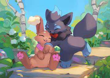ambiguous_gender anthro birch_tree blush blush_lines bow_tie bow_tie_only brown_body brown_fur buckteeth duo eyes_closed feral flower fur grass grey_body grey_fur mostly_nude open_mouth pawpads paws plant sitting tail teeth tongue tree whiskers elodoart nintendo pokemon buneary canid canine generation_4_pokemon generation_5_pokemon lagomorph mammal pokemon_(species) shiny_pokemon zorua 2025 hi_res