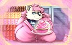 anthro big_breasts breasts cupcake dessert doughnut female food hair huge_breasts overweight overweight_anthro overweight_female pastry pink_hair solo unonyx 16:10 hi_res widescreen