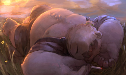 anthro body_hair bottomwear chest_hair cigarette clothed clothing eyewear glasses grass hair male open_clothing open_shirt open_topwear overweight overweight_male plant ponytail shirt shorts solo sunset topwear bezdomny lifewonders tokyo_afterschool_summoners leib_(tas) bear mammal absurd_res hi_res