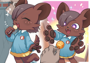 anthro candy dessert duo female food lollipop male male/female purple_eyes standing young oposa human hyena mammal absurd_res hi_res