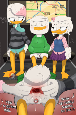anal anal_fingering animal_genitalia anthro anus beak black_eyes bodily_fluids bottomless bottomless_anthro bottomless_female bottomless_male chastity_cage chastity_device clothed clothing dialogue dominant dominant_female embarrassed embarrassed_male feathers female female_fingering_male fingering genital_fluids genital_slit genitals green_clothing green_hoodie green_topwear group hair hoodie hoodie_only leaking_precum male male/female metal_chastity_cage partially_clothed penis pink_hair precum public raised_tail sex_toy smile spread_anus spreading standing tail text topwear topwear_only trio white_body white_feathers young young_anthro young_female young_male conditional_dnp osterars disney ducktales ducktales_(2017) lena_(ducktales) louie_duck webby_vanderquack anatid anseriform avian bird duck absurd_res english_text hi_res