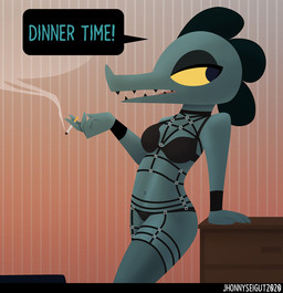 5_fingers alternative_fashion anthro black_body black_scales black_teeth breasts cigarette clothed clothing dialogue dresser eyelashes eyeshadow fangs female fingers furniture goth grey_body legwear lingerie looking_aside looking_away makeup navel non-mammal_breasts open_mouth scales sharp_teeth solo speech_bubble stockings teeth tongue underwear yellow_sclera jhonnyseitgut night_in_the_woods bea_santello alligator alligatorid crocodile crocodilian reptile scalie hi_res