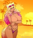 alternative_fashion animal_ears animal_print beach belly_chain big_breasts bikini bikini_bottom bikini_bottom_only blonde_hair bracelet breasts clothed clothing covering covering_breasts covering_privates eyewear eyewear_on_head female fox_ears fox_tail gold_(metal) gradient_hair gyaru hair heart_necklace heart_symbol heart_tan huge_breasts j-fashion jewelry leopard_print looking_at_viewer multicolored_hair navel necklace outside palm_tree pink_bikini pink_clothing pink_hair pink_swimwear plant solo standing sunglasses swimwear tail topless tree two-piece_swimsuit yellow_eyes nofuture fate_(series) type-moon suzuka_gozen suzuka_gozen_(swimsuit_rider)_(fate) suzuka_gozen_(swimsuit_rider)_(second_ascension)_(fate) animal_humanoid canid canid_humanoid canine canine_humanoid fox_humanoid humanoid mammal mammal_humanoid tan 2024 hi_res