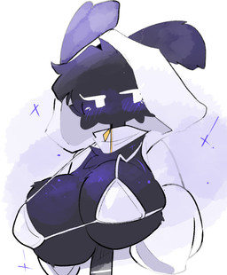 anthro big_breasts bikini bikini_top black_body black_hair blush blush_lines body_blush breast_blush breast_focus breasts clothed clothing female floppy_ears fluffy hair holding_up_breasts hood_up hoodie long_sleeves looking_aside open_clothing open_hoodie open_topwear oversized partially_clothed presenting presenting_breasts purple_blush purple_body purple_ears sleeves solo sparkles sparkling_body swimwear topwear triangle_bikini two-piece_swimsuit white_clothing white_eyes white_hoodie white_topwear zipper shiyaa_stuff rain_world videocult watcher_(rain_world) slugcat