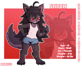 anthro black_hair bottomwear claws clothing female fluffy hair pawpads red_eyes shorts shortstack solo tail bnbigus dragon_tooth_sanctuary canid canine canis mammal wolf absurd_res hi_res model_sheet