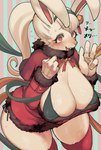 2016 4_fingers accessory anthro areola bell big_breasts blush bodily_fluids breasts christmas cleavage clothed clothing coat female fingers fur gesture gloves hair handwear headband hi_res holidays japanese_text kemono lagomorph legwear leporid looking_at_viewer mammal open_mouth ponytail rabbit red_eyes ribbons rikose simple_background smile solo stockings sweat tears teeth text thick_thighs tongue topwear translated waving white_hair wide_hips