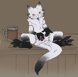 anthro black_body black_fur black_vulva blep blush bodily_fluids body_blush clothed clothing eyelashes female female_anthro fingering fluffy fluffy_tail freckled_ears freckled_face freckled_tail freckles fur fur_markings furniture genital_fluids genitals gradient_fur inviting_to_sex inviting_viewer looking_at_viewer markings masturbation neck_tuft non-mammal_vulva on_table presenting presenting_vulva pupils simple_background sitting sitting_on_table slit_pupils smile solo spread_legs spread_vulva spreading table tail tankard thick_tail thick_thighs tongue tongue_out tuft vaginal vaginal_fingering vaginal_fluid_string vaginal_fluids vaginal_masturbation vulva vulva_blush white_body white_fur wood yellow_eyes flamespitter ezra_(anunusedaccount) furred_kobold furred_scalie kobold scalie hi_res
