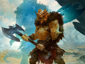 anthro axe bottomwear clothing duo holding_axe holding_object horn looking_at_viewer male muscular muscular_male open_mouth outside pants standing whiskers svetlin_velinov dungeons_and_dragons hasbro magic:_the_gathering wizards_of_the_coast dragonborn_(dnd) scalie spirit 2020 official_art traditional_media_(artwork)