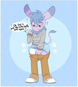 4_fingers ambiguous_gender anthro bent_arm blue_background blue_hair blue_tail_tuft blush blush_lines bodily_fluids border bottomwear brown_bottomwear brown_clothing brown_pants clean_diaper clothed clothing dialogue diaper diaper_puff diaper_under_clothing dipstick_ears ear_markings eye_through_hair fingers flying_sweatdrops footwear front_view fur grey_clothing grey_hoodie grey_topwear hair half-closed_eyes hoodie looking_down multicolored_ears narrowed_eyes open_mouth pants pattern_background pulling_pants_up purple_body purple_fur purple_tail shoes simple_background solo speech_bubble standing sweat sweatdrop tail tail_tuft talking_to_self text topwear translucent translucent_hair tuft wardrobe_malfunction wearing_diaper white_border white_clothing white_footwear white_shoes jupiters aggretsuko sanrio tadano_(aggretsuko) asinus donkey equid equine mammal 2025 english_text hi_res male_(lore)