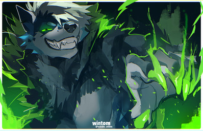 5_fingers anthro black_body black_fur black_nose blue_body blue_fur border claws fangs fingers fur glistening glistening_claws glowing glowing_claws glowing_eyes green_claws green_eyes green_glow looking_at_viewer male particles smile solo teeth text white_body white_border white_fur wintom ledo_(wintom) canid canine canis mammal wolf 2022 artist_name colored digital_media_(artwork) hi_res portrait shaded watermark