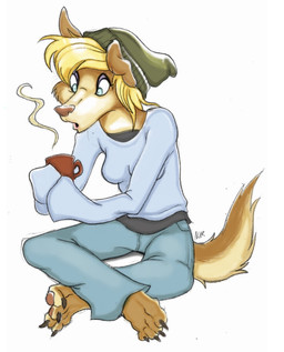 4_toes barefoot beanie blonde_hair blowing blue_eyes bottomwear breasts brown_body claws clothing coffee_mug container cup feet female hair hat headgear headwear holding_container holding_cup holding_object long_sleeve_shirt open_mouth pants paws simple_background sitting sleeves_past_fingers sleeves_past_wrists solo toes white_background chewtoything leslie_collie canid canine canis domestic_dog mammal hi_res
