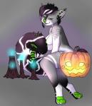 breasts candle fangs female fire food fruit fur glowing green_eyes holidays neon nipples nude pawpads plant pumpkin smile solo stripes tail tail_mouth teeth tongue unusual_anatomy unusual_tail neonicink halloween mawly alien canid canine fox hybrid mammal symbiote colored hi_res