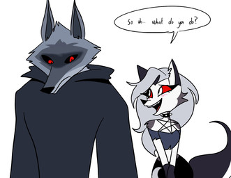 anthro black_sclera blush collar dialogue duo female fur grey_body grey_fur grey_hair hair larger_male long_hair male red_eyes red_sclera sickle size_difference smaller_female speech_bubble spiked_collar spikes text white_body white_eyes white_fur emositecc dreamworks hellaverse helluva_boss mythology puss_in_boots_(franchise) death_(puss_in_boots) loona_(helluva_boss) canid canid_demon canine canis demon hellhound mammal mythological_canine mythological_creature wolf colored english_text hi_res