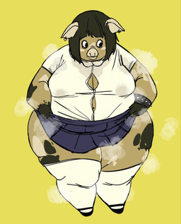 adjusting_clothing anthro belly biped black_hair bodily_fluids bottomwear bottomwear_pull bracelet breasts brown_body button_(fastener) cleavage clothed clothing clothing_pull collared_shirt dress_shirt ear_piercing ear_ring female footwear front_view hair huge_thighs jewelry kemono legwear markings musk obese obese_anthro obese_female overweight overweight_anthro overweight_female piercing pleated_skirt ring_piercing shirt shoes short_hair simple_background skirt skirt_pull smelly socks solo spiked_bracelet spikes standing straining_buttons sweat sweat_stain sweaty_clothing sweaty_shirt sweaty_topwear thick_thighs thigh_highs thigh_socks tight_clothing tight_shirt tight_topwear topwear undersized_bottomwear undersized_clothing undersized_topwear wardrobe_malfunction wide_hips yellow_background tongxuemian domestic_pig mammal suid suine sus_(pig) 2025 digital_drawing_(artwork) digital_media_(artwork) full-length_portrait hi_res portrait