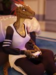 3:4 3d_(artwork) absurd_res anthro argonian blender_cycles cloth clothed clothing digital_media_(artwork) female fully_clothed gaming green_body hi_res microsoft peresvet_(artist) scalie sitting solo the_elder_scrolls